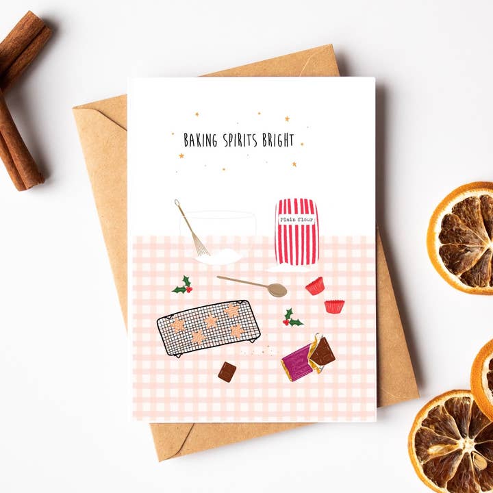 A6 Girly Christmas Card - "Baking Spirits Bright" for wholesale by Ditsy & Stitch
