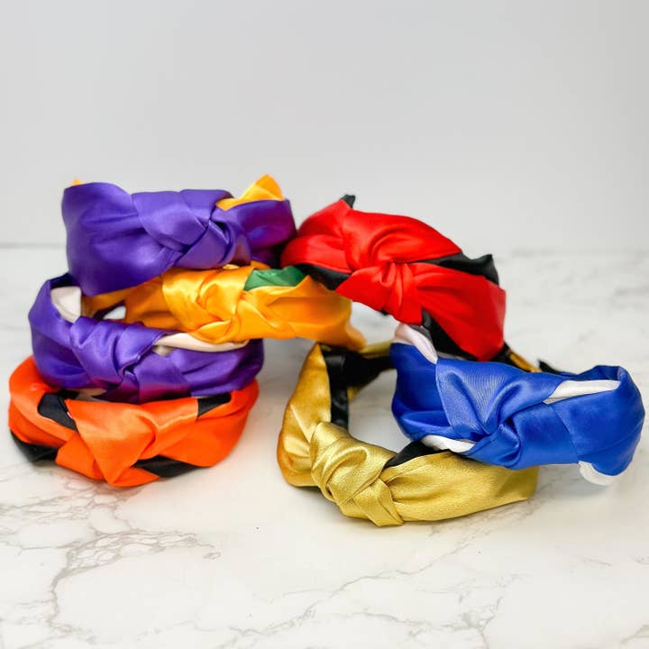 Prep Obsessed Wholesale - Venta al por mayor Cinta para el pelo - Mujer - Diademas anudadas Game Day Jumbo Puffy, doradas y moradas