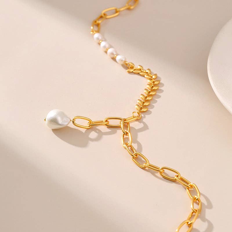 Gold Pearl Wheat Bead Chain Splicing Necklace KN0151 for wholesale on Faire4