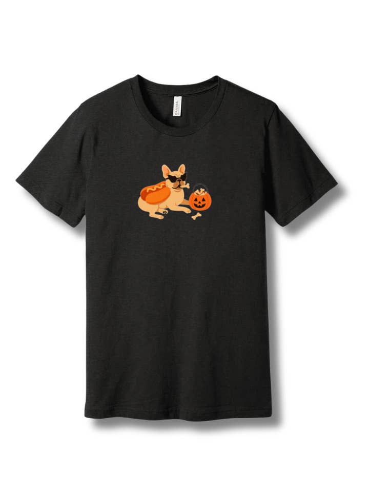 Französische Bulldogge Hotdog Halloween T-Shirt für den Großhandel von Peached Pups