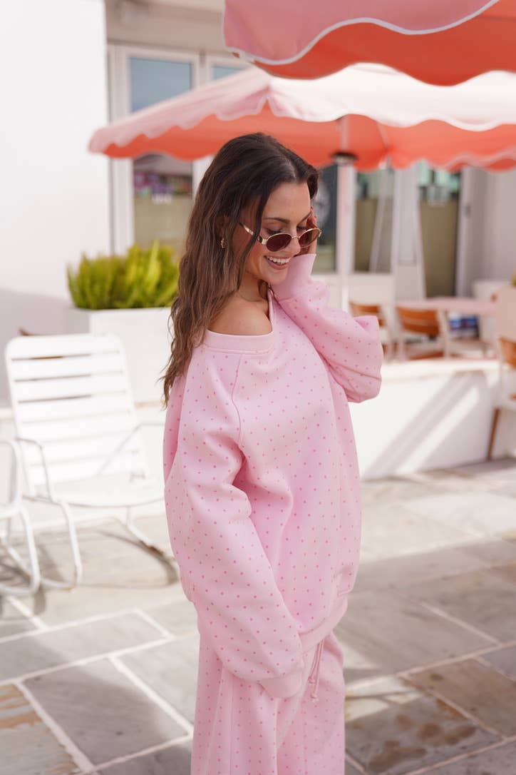 Sunkissed Coconut - Wholesale Sweatshirt - Women's - Light Pink Polka Dot Off The Shoulder Sweatshirt6