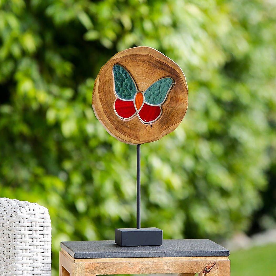 Garden Age Supply - Wholesale Decorative Tabletop Object - Teak slab Stained Glass - Butterfly 20"H0