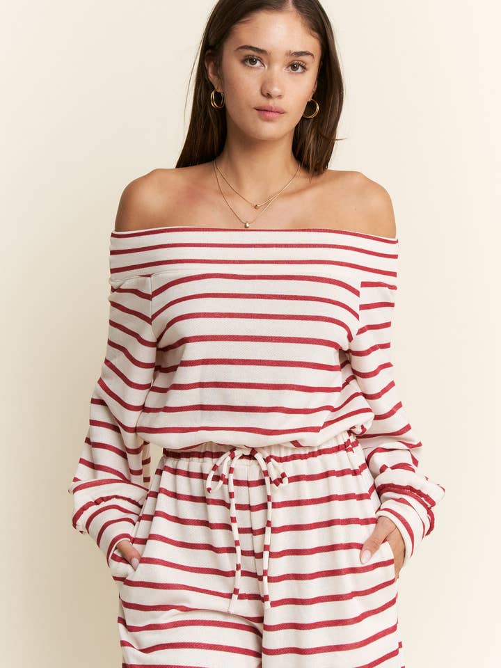 JADE BY JANE PLUS - Wholesale Jumpsuit - Women's - (PLUS SIZE) OFF-SHOULDER STRIPED TERRY JUMPSUIT50