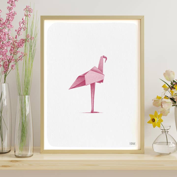 Origami Flamingo Japanese Art Poster Wall Decor for wholesale by le murmure des murs