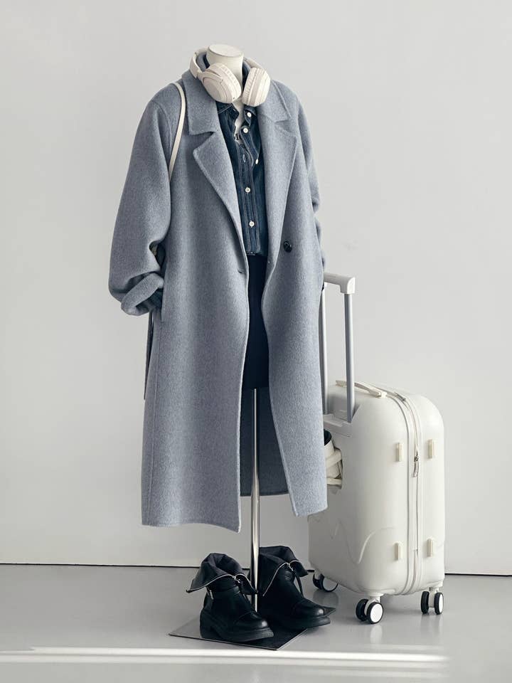 Mist Longline Belted Wool Coat - Gray Blue for wholesale by Loom & Line