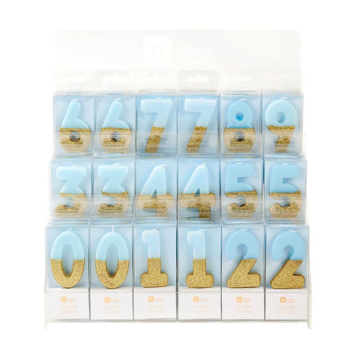Juego de velas con números de cumpleaños azules con purpurina, con soporte, 0-9 para venta al por mayor de Talking Tables EU