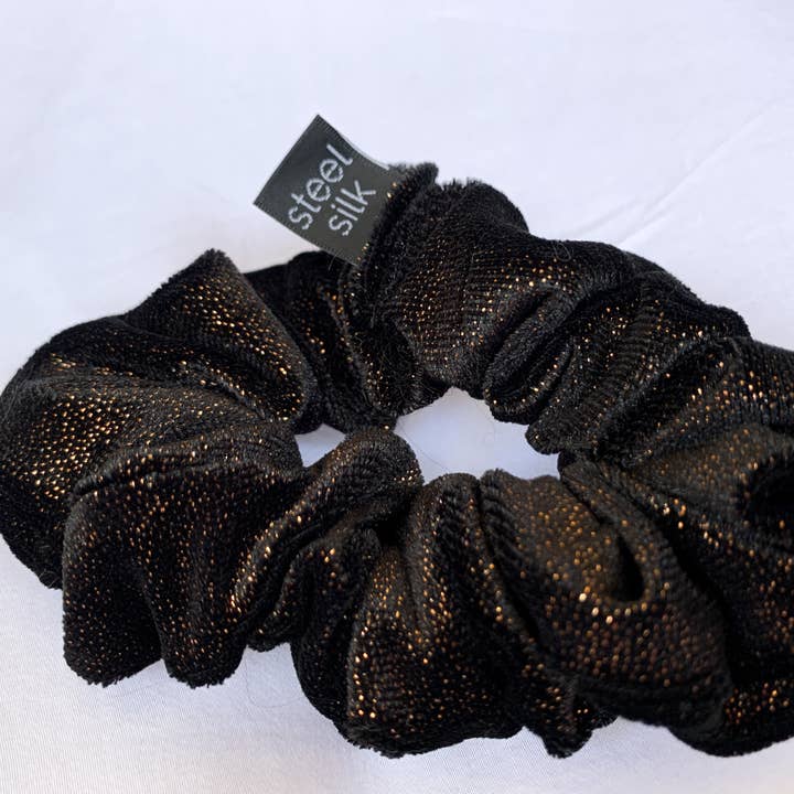 Black Gold Sparkly Velvet Scrunchie for wholesale by Steel Silk LLC