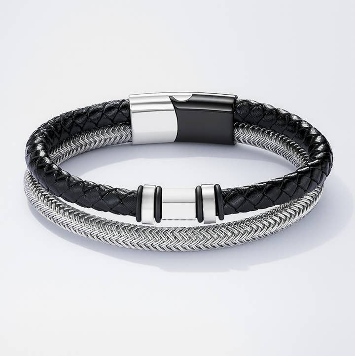 Noir Bracelet en cuir et en acier inoxydable 324OP87 en vente sur Faire0