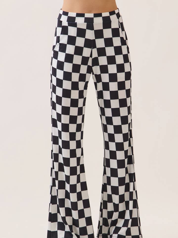 White and Black Checkered Flared Pants P6169 for wholesale by 7th Ray