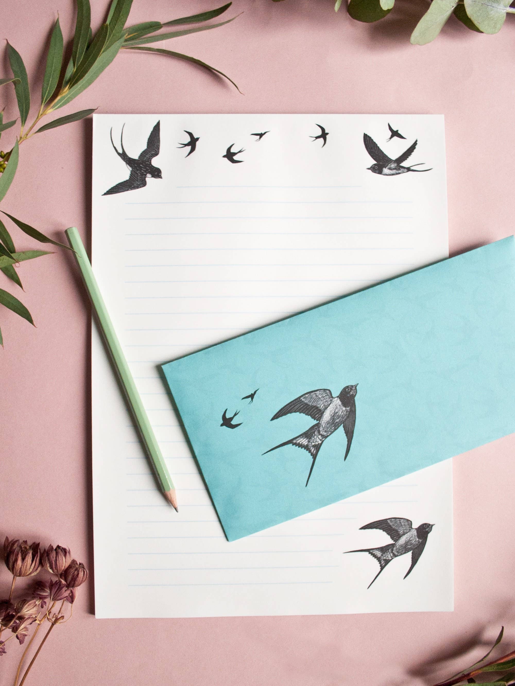 Katja Rub - Wholesale Stationery/Notecard Set - Stationery Set Swallows, A4 Notepad & 10 Envelopes4