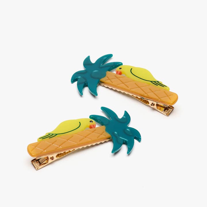 WINONA IRENE – Großhandel Haarclip – Damen – Grüner Papagei auf Palmenbaum Alligator-Haarspangen-Set