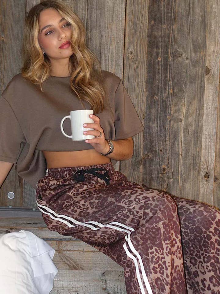 Alice Leopard Wide-Leg Drawstring Trousers-Brown for wholesale by Catwalk Wholesale