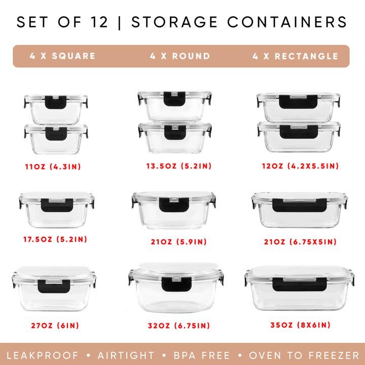 JoyJolt - Wholesale Food Storage Container - 12 Piece Glass Kitchen Storage Containers with Lids - Black