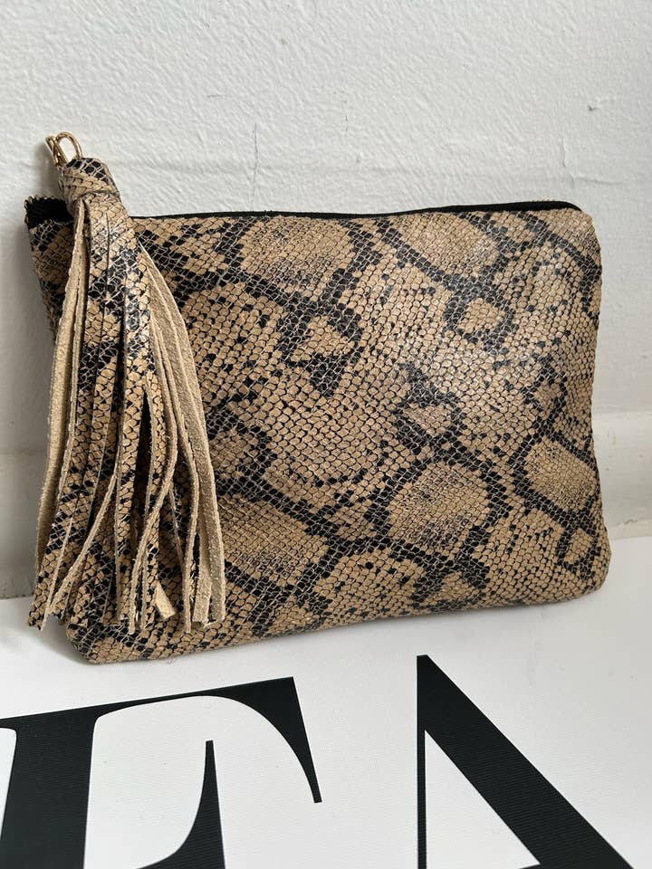 Snake Print Tassel Leather Clutch for wholesale by NKHenry