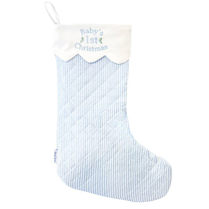 Bits & Bows - Wholesale Holiday Stocking - Baby's 1st Christmas Stocking, Blue Seersucker0