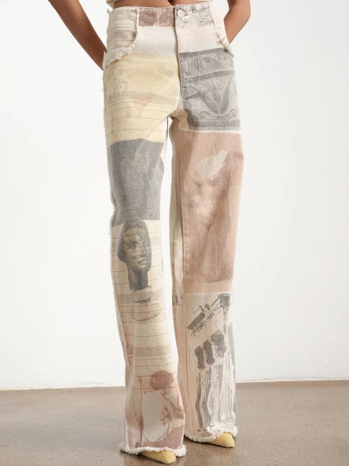 Ivory Elara Retro Loose Print Wide-Leg Straight Mop Denim for wholesale on Faire