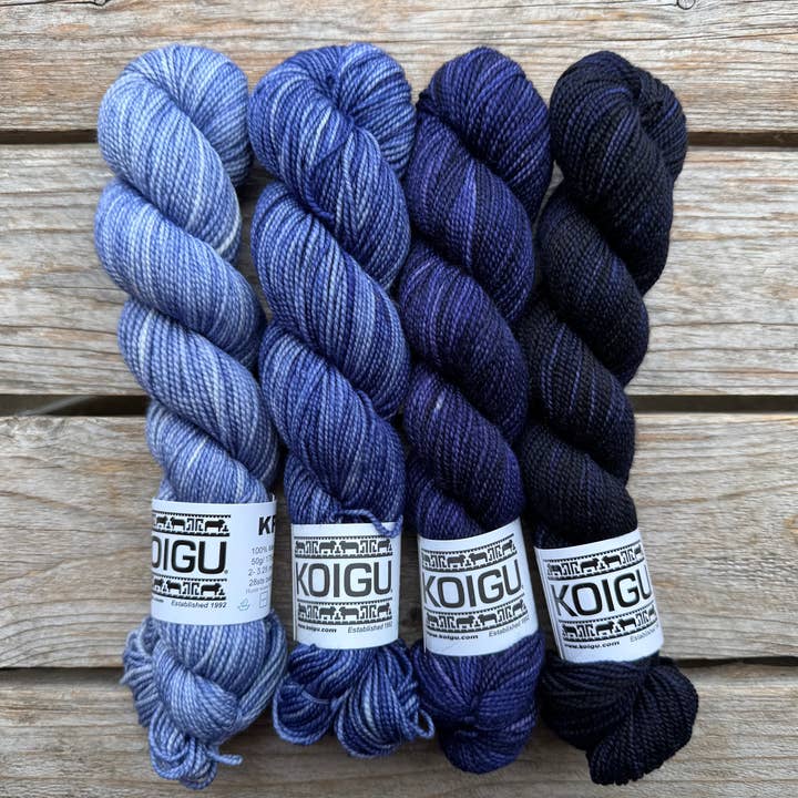 KPM Denim Solid Colour Family for wholesale by Koigu Wool Designs