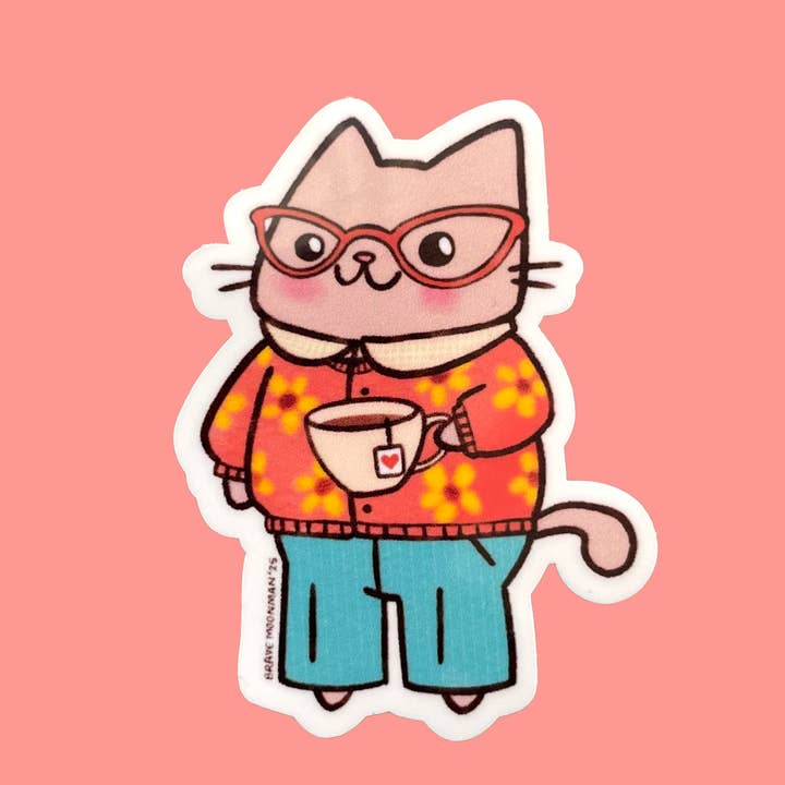 Cat with Cup of Tea Vinyl Sticker for wholesale by Brave Moonman