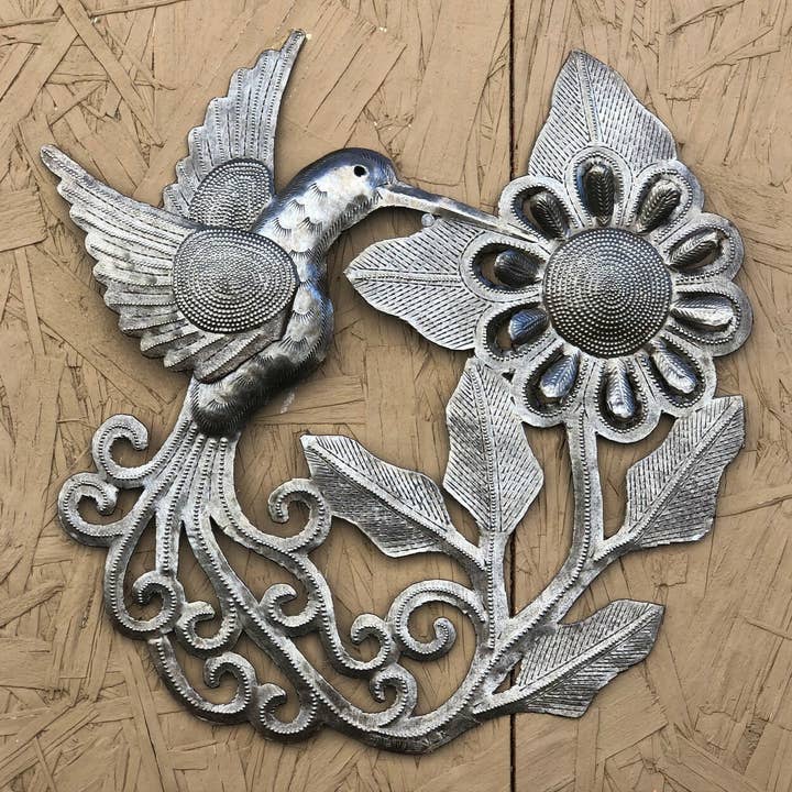 Haiti Fair Trade~ It's Cactus - Wholesale Wall Accent - 11" Blooming Flower with Hummingbird Haitian Metal Wall Art
