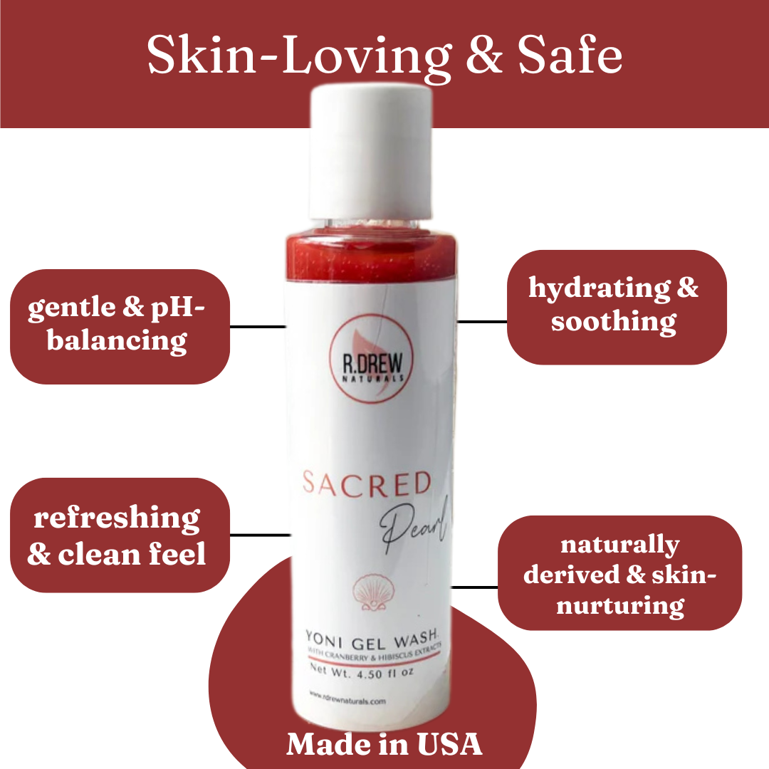 R. Drew Naturals, LLC - Wholesale Intieme reinigingsdoekjes - Bulkverpakking Sacred Pearl Yoni Gel Wash - Retailverpakkingen en labels3