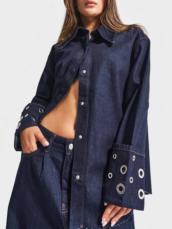Oversized Denim Shirt Jacket with Grommet  for wholesale by DesignofBoho