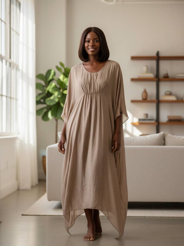 Vestido comprido largo com pregas e bainha assimétrica 30511 por atacado de Shyloh