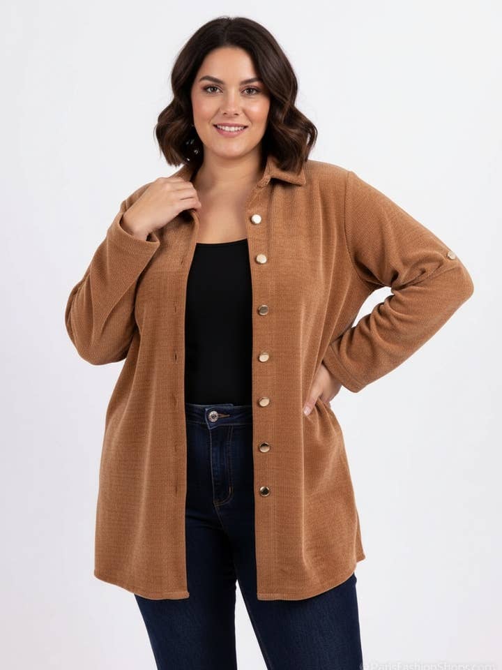 Long camel corduroy shirt (T20688) for wholesale by Pomme Rouge Paris