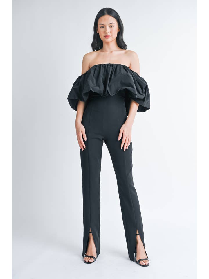 Black IJP2792 BUBBLE OFF SHOULDER BOOTCUT JUMPSUIT WITH FRONT SLIT for wholesale on Faire