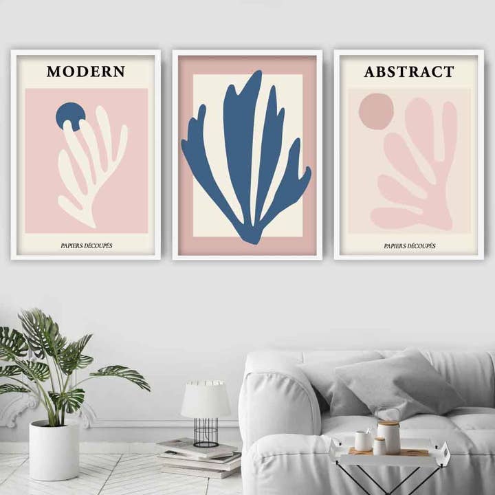 Sæt med 3 moderne Matisse Style Pink og Navy Wall Art Prints for engroshandel hos Artze Wall Art