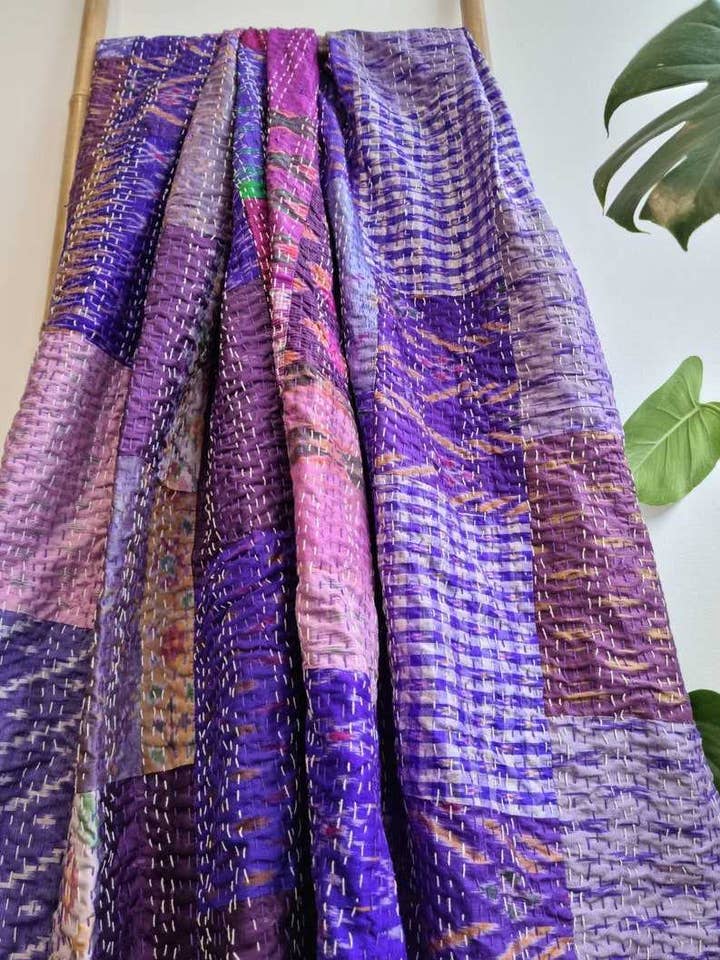 Kantha Pure Silk Cotton Reversible Throw Single Size in Purples Blue Pink Ikat for wholesale by Essential Designs London