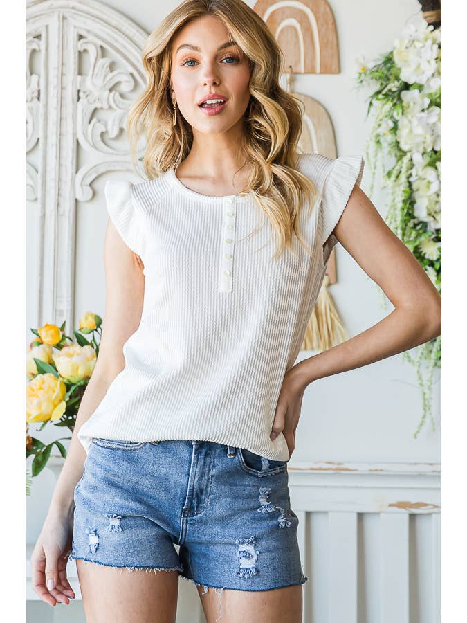 7th Ray – Engroshandel Strikket top - Dame – Solid Rib Knap-Front Flæseærme Top T51565