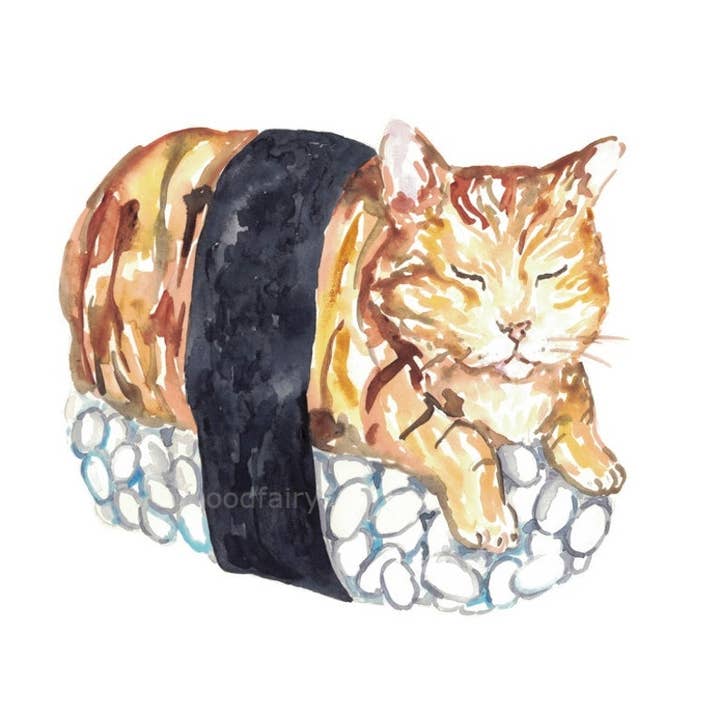 Goodfairyart - Venta al por mayor Ilustración - Póster de pared de cocina pintura gato sushi acuarela3