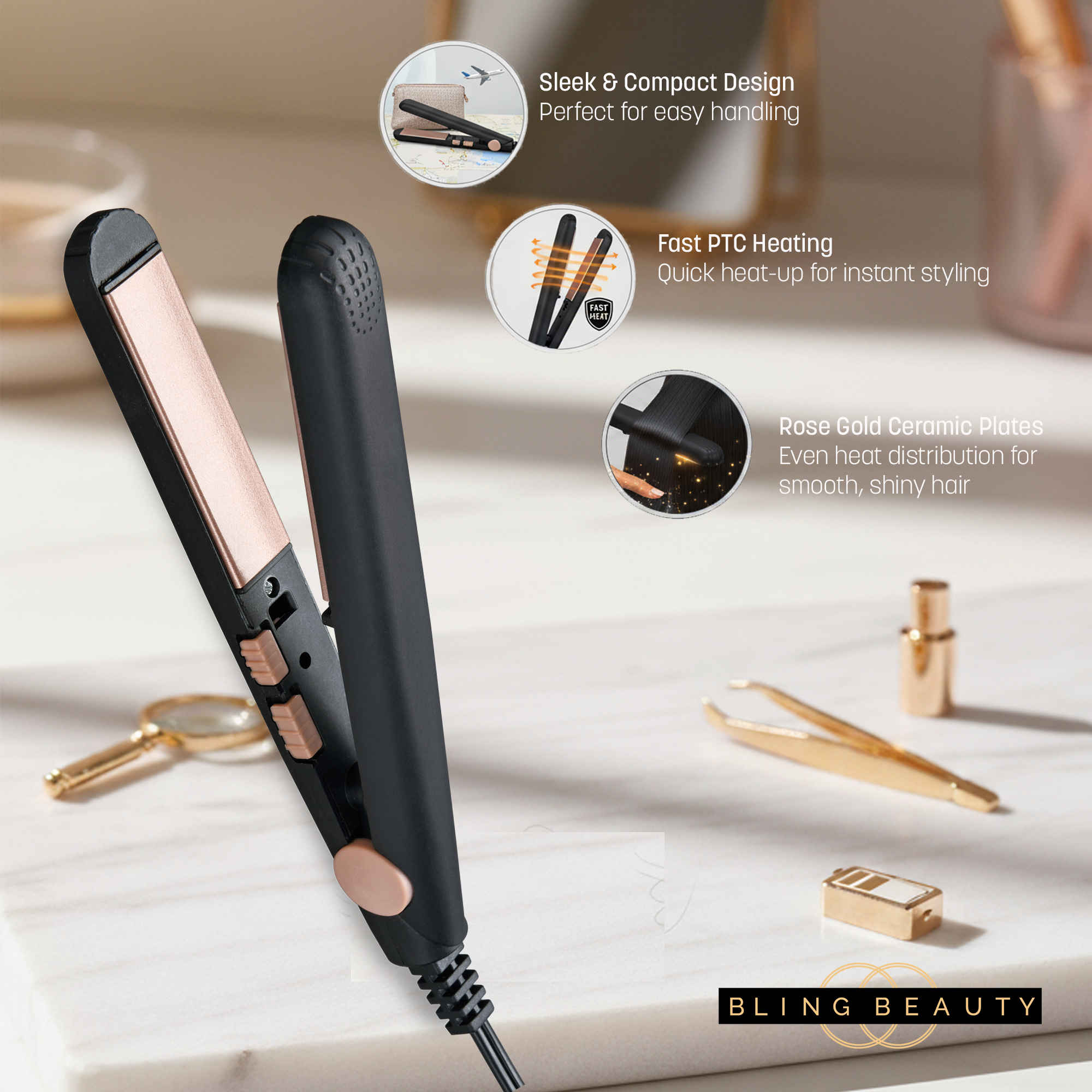 Bling Beauty - Wholesale Straightener/Flat Iron - Bling Beauty Rose Gold Ceramic Travel Hair Straightener4