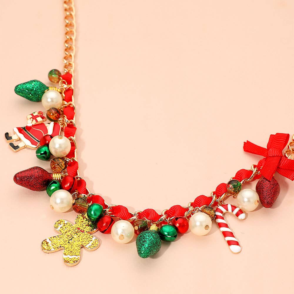 Sensibling Corp. - Wholesale Kids Necklace - Kids - Holiday Santa Gingerbread Man Candy Cane Pearl Bow Charm Beaded Necklace3