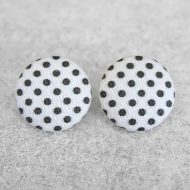 Bold 7/8 Inch Black & White Polka Dot Fabric Button Earrings for wholesale by Rachel O's
