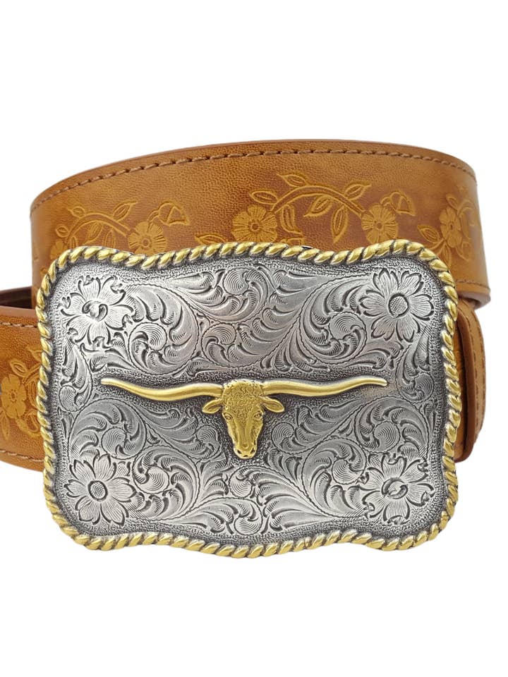 Popular Long Horn Buckle with Vintage floral tooled belt for wholesale by Axesoria West