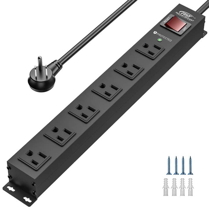 CRST Heavy Duty Metal Power Strip Surge Protector, 6 Wide spaced Outlets, 2100 Joules, 10FT 14AWG Flat Plug, Wall Mountable for wholesale by Rocket Socket Technology