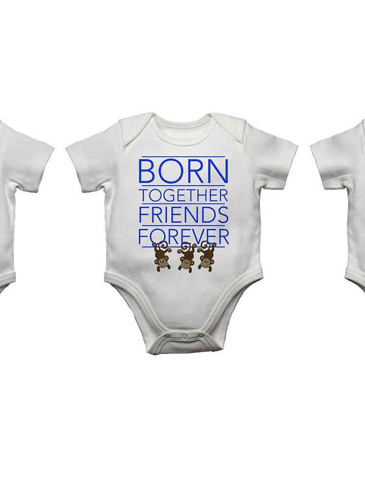 Born Together Friends Forever - Boy Boy Girl Triplet Baby Vests for wholesale by Little Ratbag