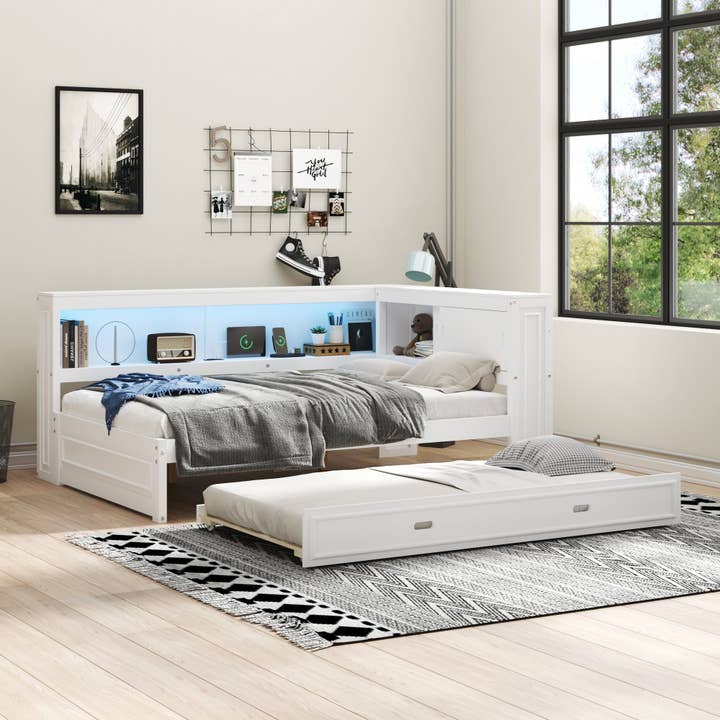39F Inc. - Wholesale Bed - Full Size White Daybed with Storage Shelves USB and Trundle3