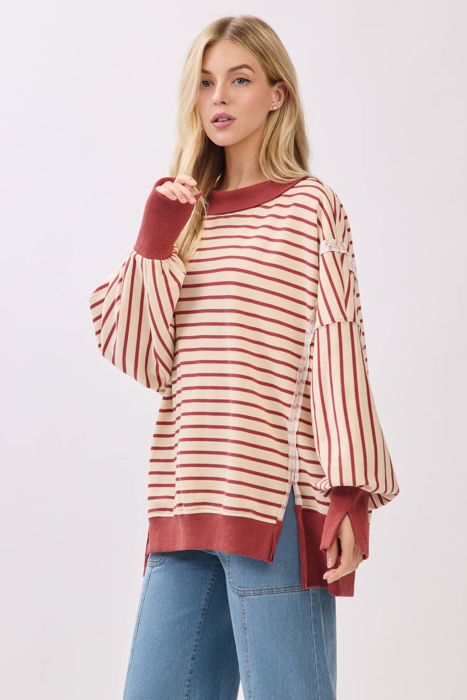 Sewn and Seen - Wholesale Sweatshirt - Women's - Striped Balloon Sleeve Terry Sweatshirt7