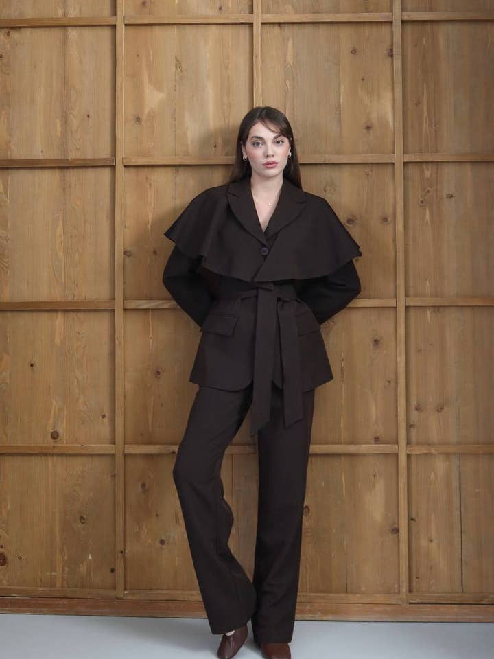 Elegant 2 Piece Black Suit - Formal Cape Jacket Outfit - for wholesale by Design company-Fatma Balkir