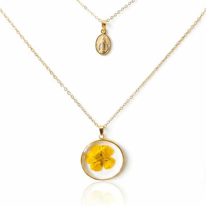 Collier Vierge Marie Plaqué Or et Fleurs Ensemble de Colliers Double Couches 18 pouces pour la vente par Guadalupe Gifts