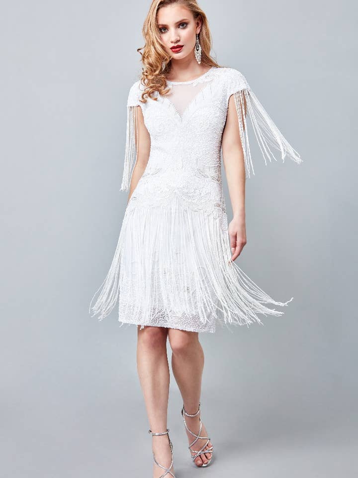 Sybill Fringe Flapper Dress in White for wholesale by Gatsbylady London