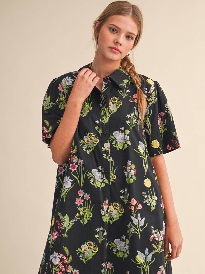 FLORAL SHORT SLEEVE BUTTON DOWN MINI DRESS MDR4730 for wholesale by &MERCI