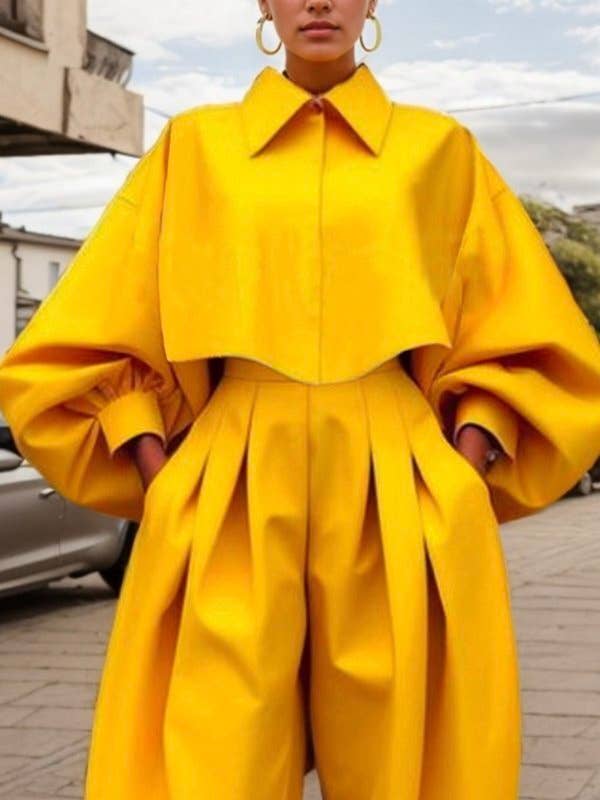 Yellow Long Sleeve Button Pleat Lapel Blouse Set for wholesale on Faire