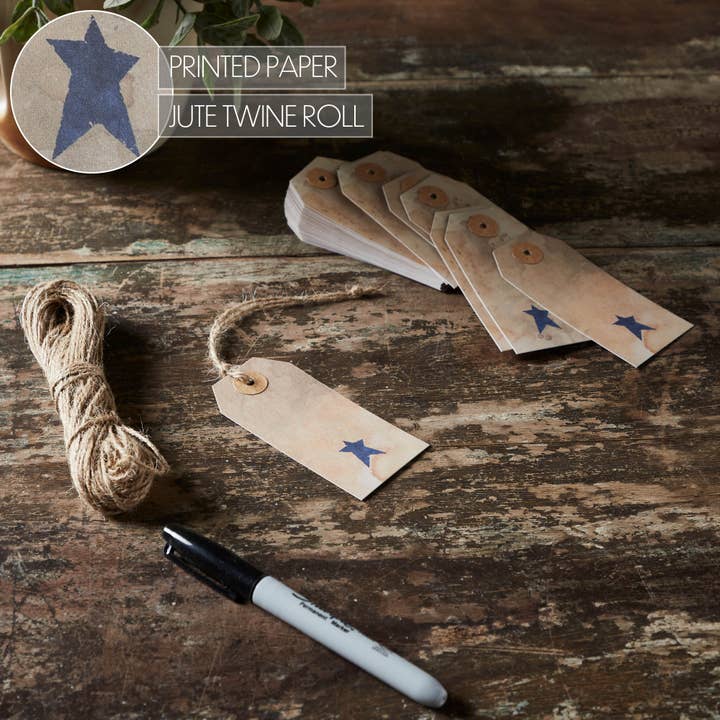 VHC Brands - Wholesale Gift Tag Label - Primitive Star Tea Stained Paper Tag Navy 3.75x1.75 w/ Twine Set of 50