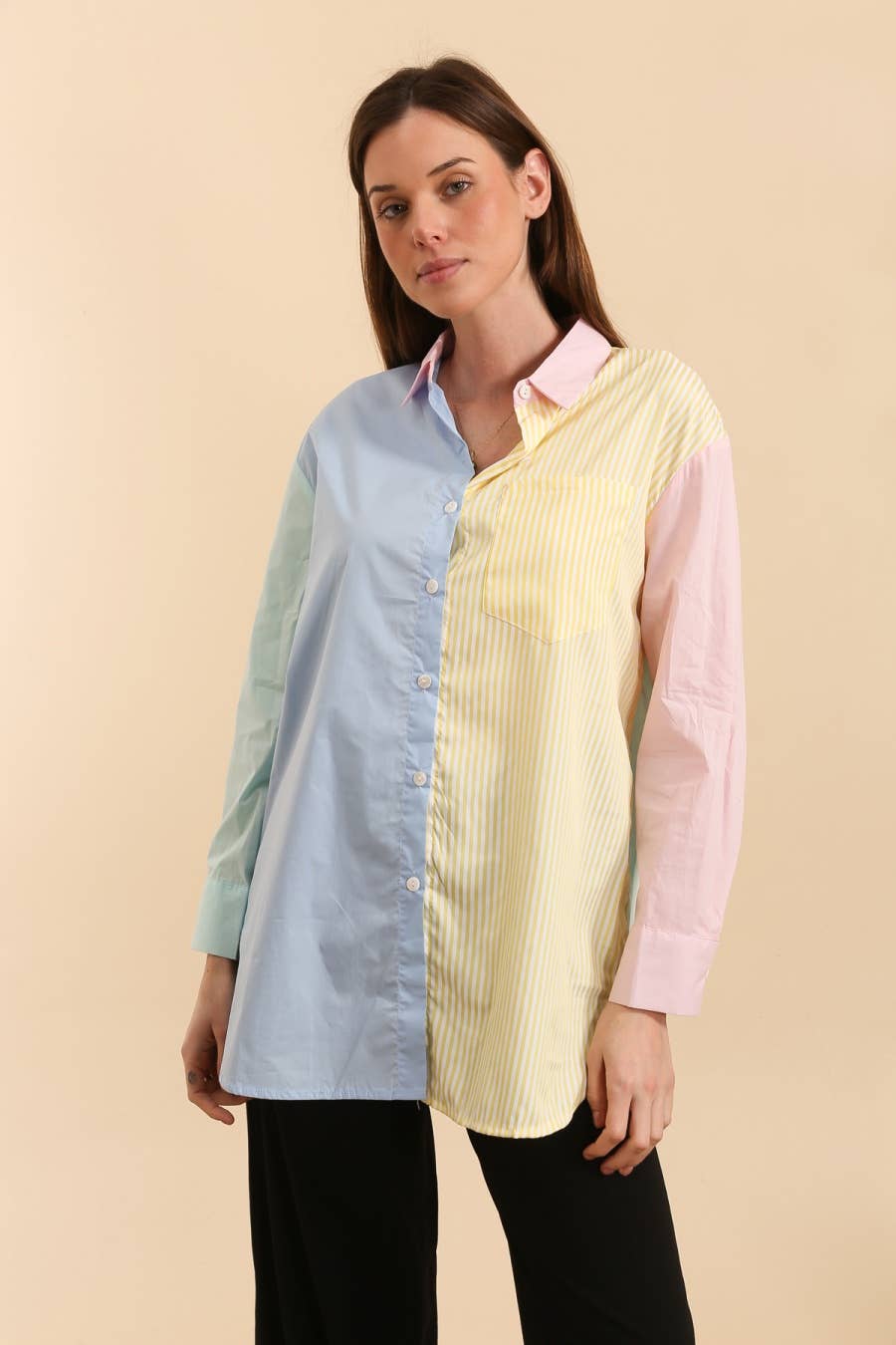 Blue Cotton patchwork shirt in colors - L312 for wholesale on Faire0