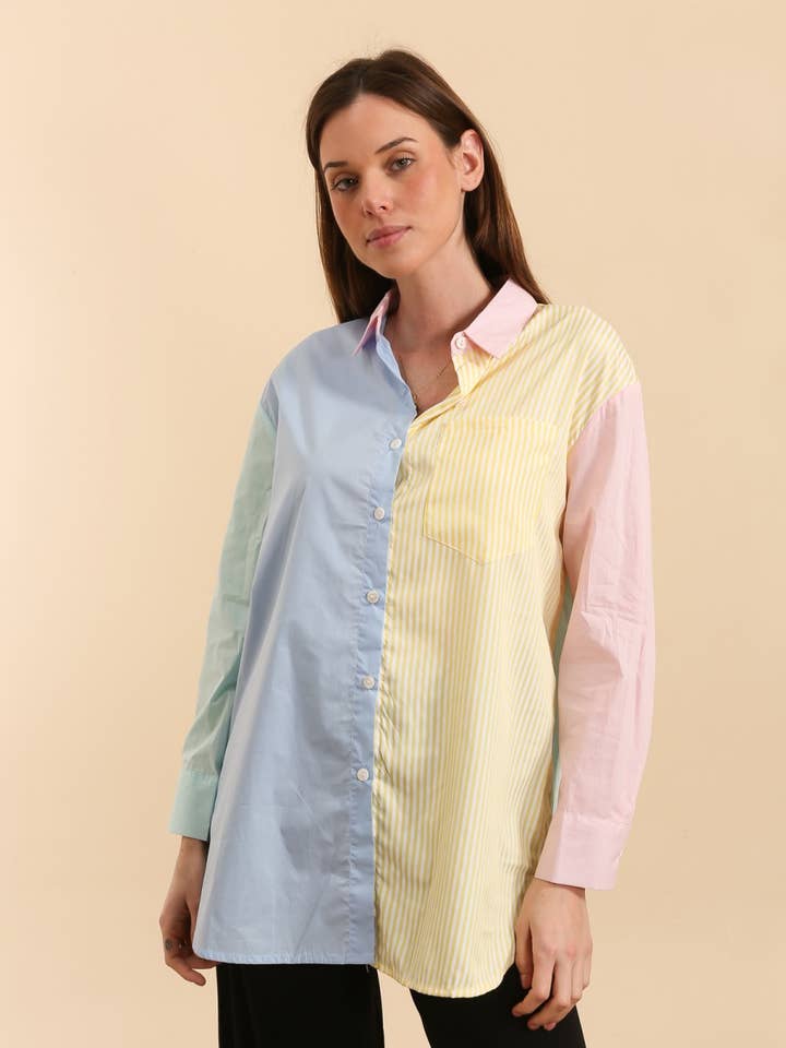 Blue Cotton patchwork shirt in colors - L312 for wholesale on Faire0