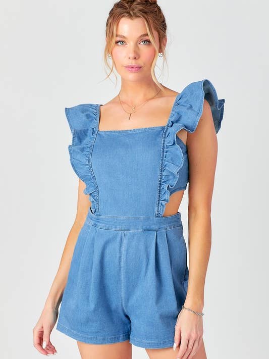 BABY PINK - Wholesale Romper - Women's - Ruffle Shoulder Denim Romper7