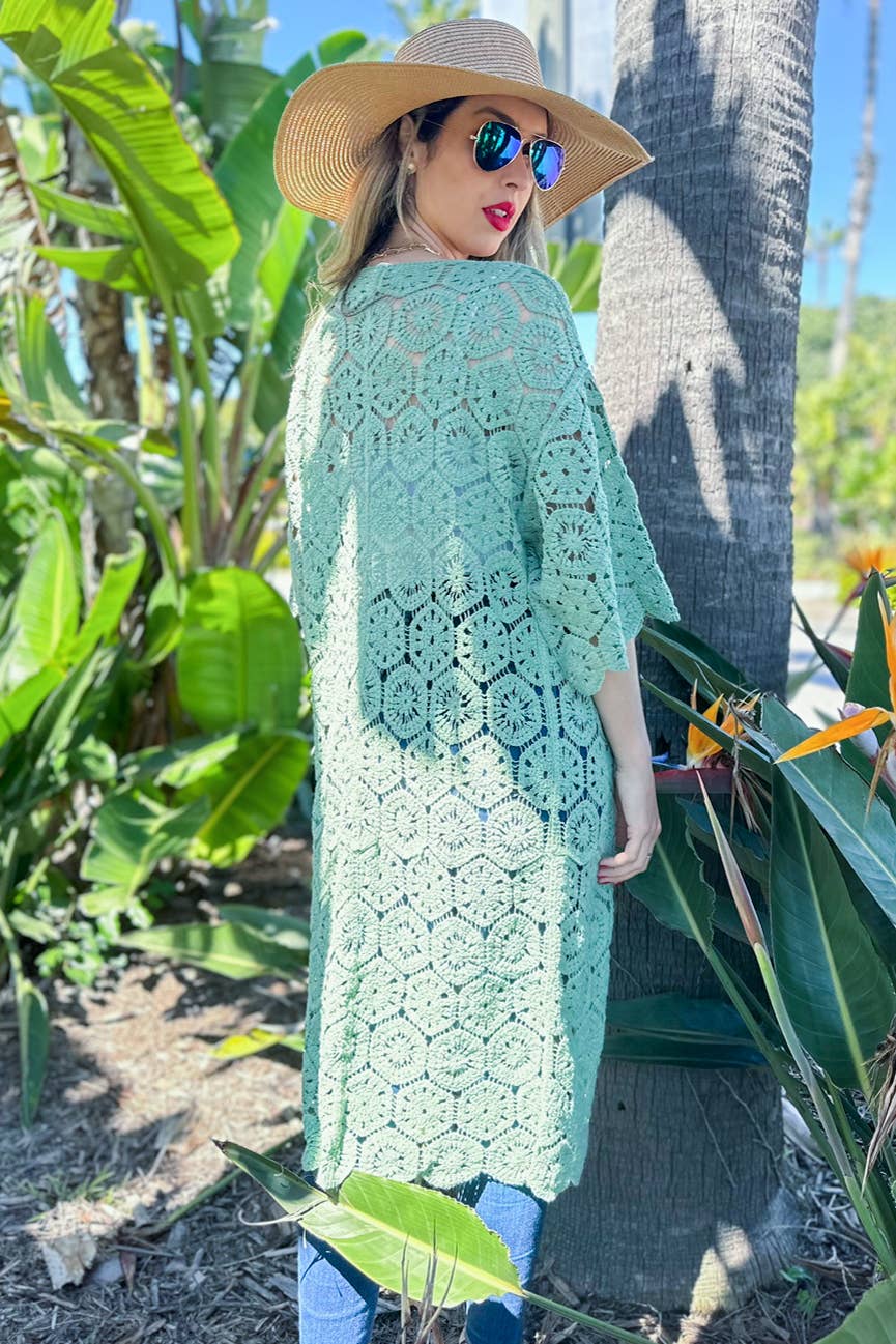 Salvia Sage sexkantig virkad 3/4 ärm Maxi Kimono Cardigan för wholesale på Faire7